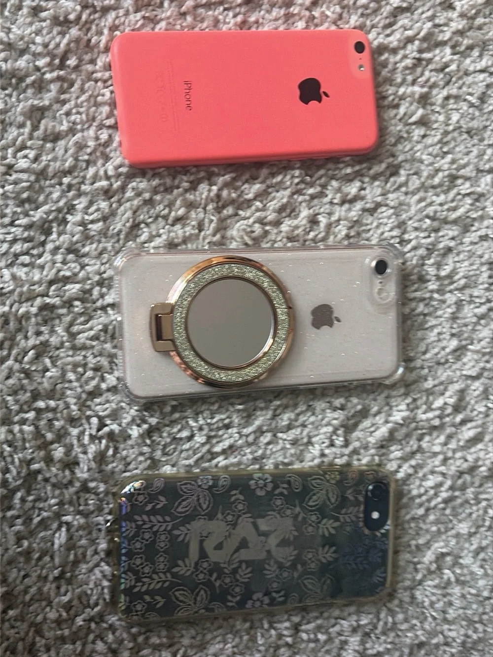 Apple iPhone Trio — Pink, Clear with Rose Gold Ring, Floral Black Case